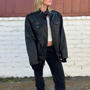 Black Faux Leather and Sherpa Bomber Jacket
